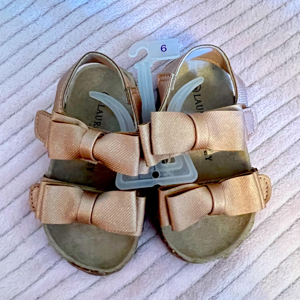 Laura Ashley Rose Gold Bow Sandals, size 6
